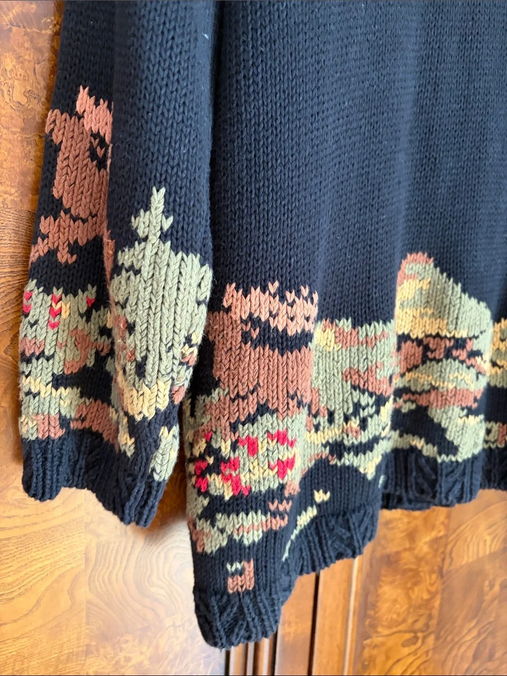 Cambridge Dry Goods No Tag Black Cardigan w Deer Forest Border Scene Flaw LG/XLG